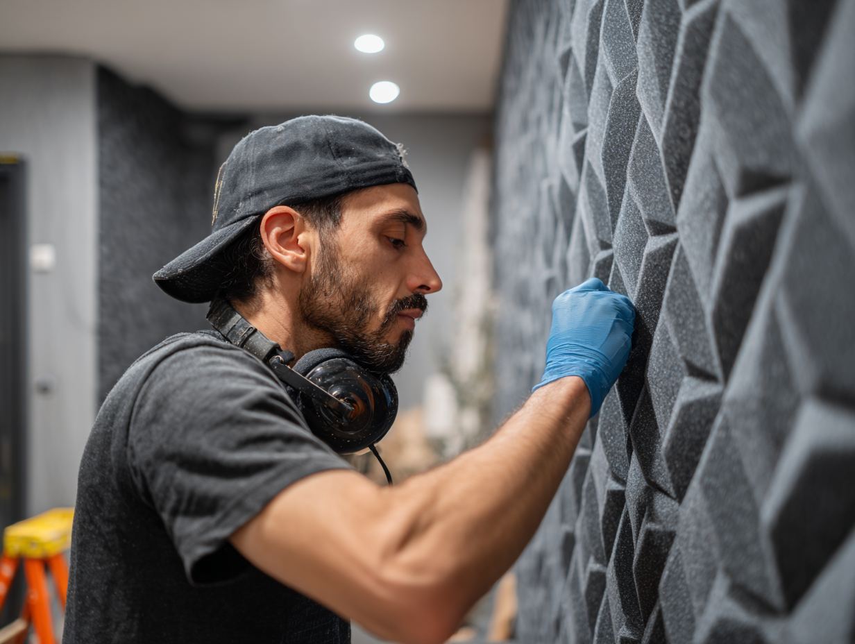 Man installing dark geometric acoustic panels on a wall